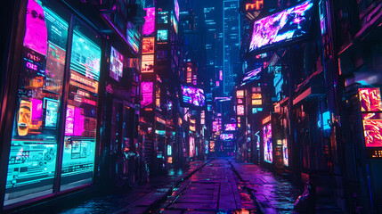 Neon-lit cyberpunk city alley with holographic displays and vibrant advertisements. Cyberpunk Holographic Street. Illustration