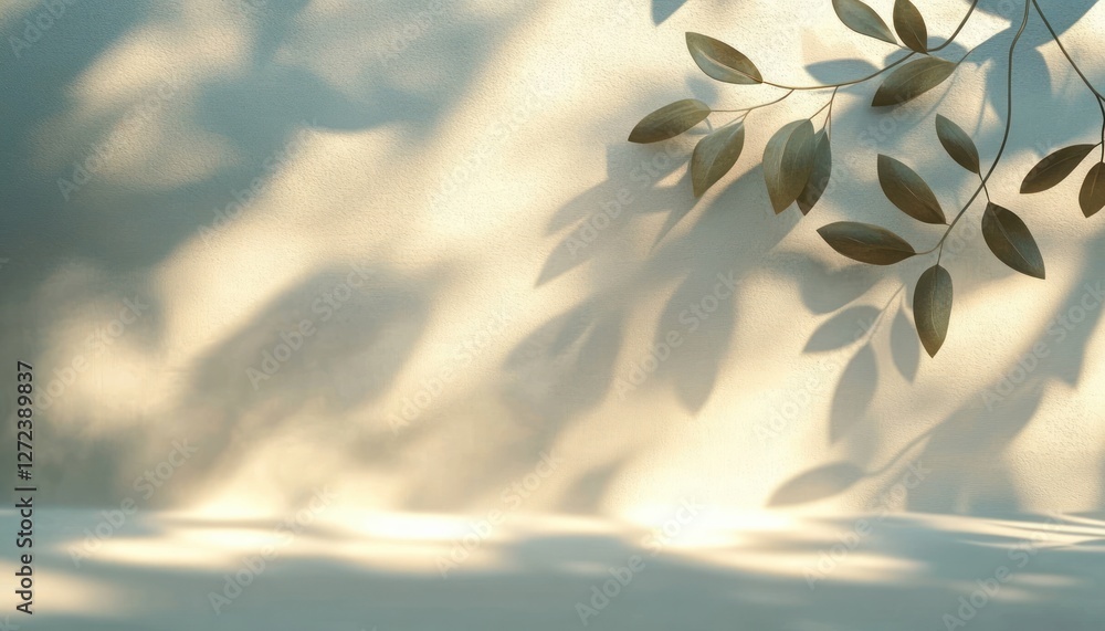Poster abstract background with soft leaf shadows on neutral beige surface for minimalist product presentat