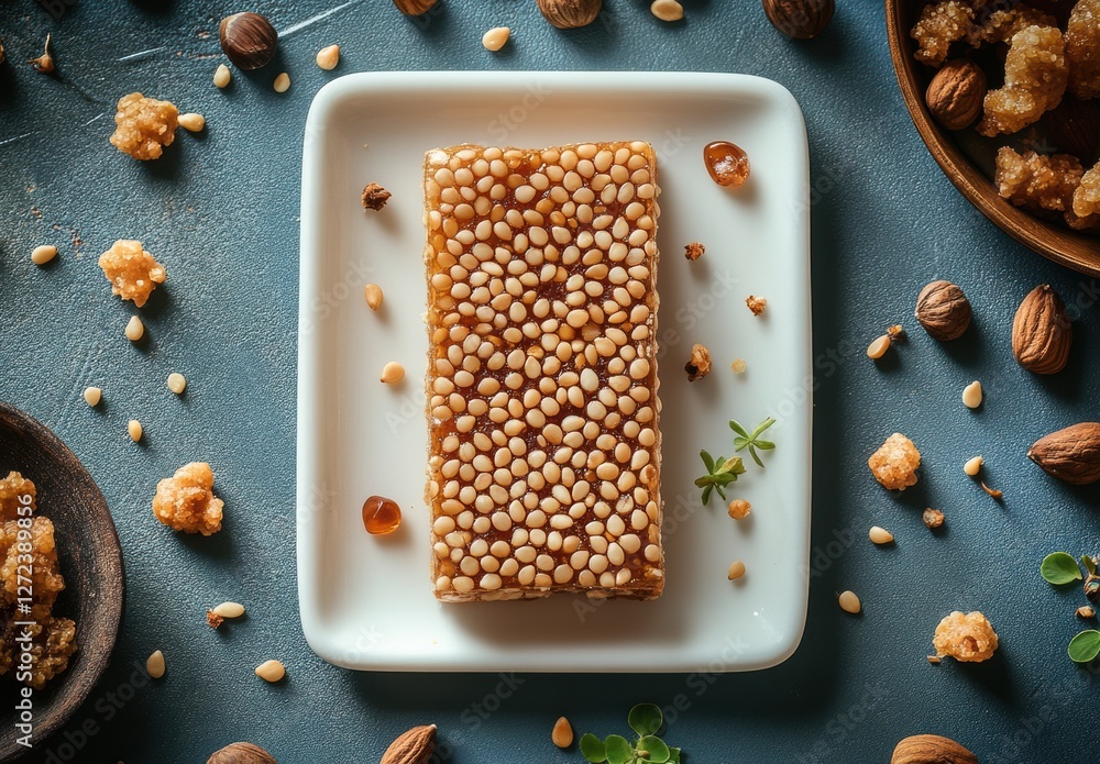 Poster natural honeycomb block with raw honey drips surrounded by nuts and granulated sugar on a rustic blu