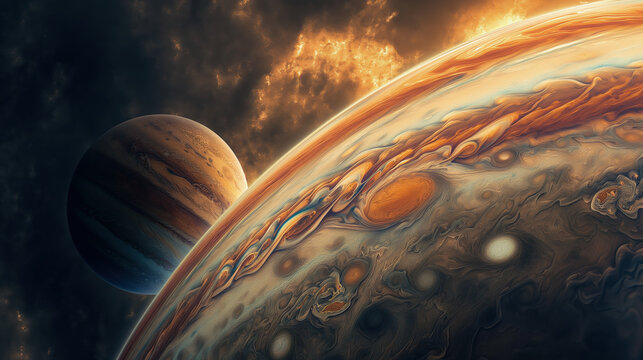 Jupiter's vibrant clouds and patterns are prominently displayed against a backdrop of swirling colors and distant celestial bodies. The image highlights the grandeur of outer space.