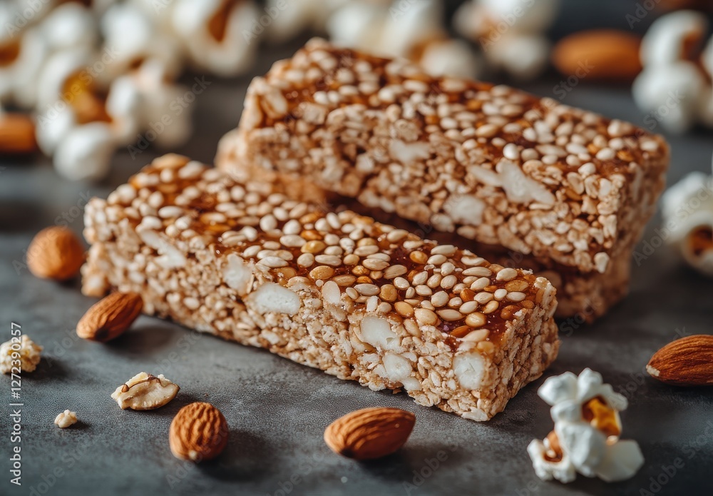 Aufkleber nutritious snack bars with popcorn and almonds surrounded by sesame seeds on a rustic surface in a b