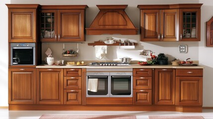 A cozy home kitchen with wooden cabinets and a properly positioned stove, avoiding alignment with the door