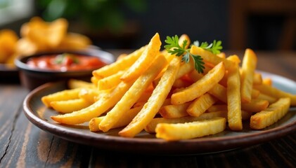 Steaming hot French fries served with a side of warm potato chips and a creamy tomato sauce dip, delicious, cozy