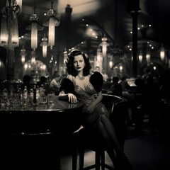 A stylish woman with vintage glamor sits at a circular bar, surrounded by people engaging in lively conversation beneath softly glowing lights, evoking a 1940s atmosphere.