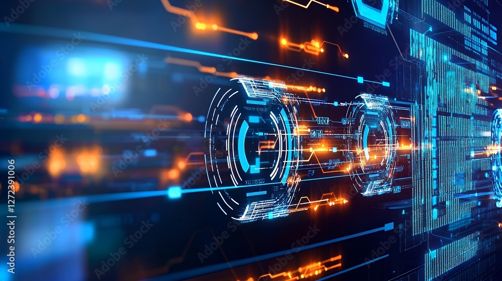 Poster abstract digital data flow network background with glowing blue and orange lines