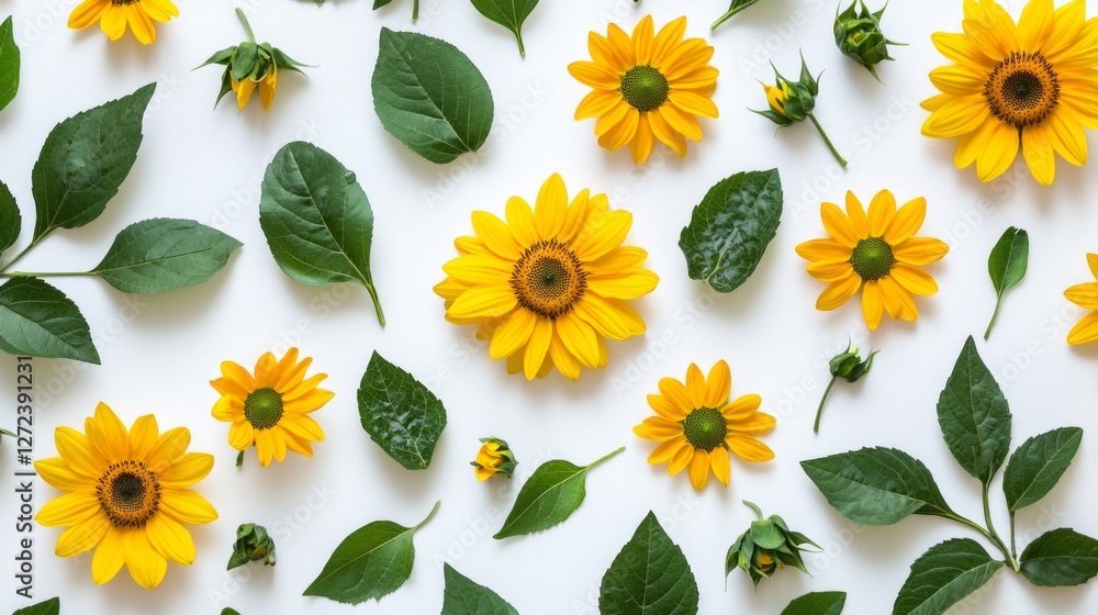 Poster a cheerful display of yellow sunflowers and green leaves adorns a soft surface, creating a harmoniou