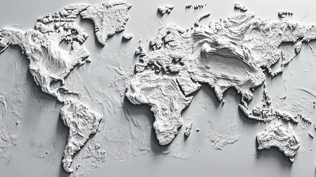 3D white textured world map on wall, global geography backdrop