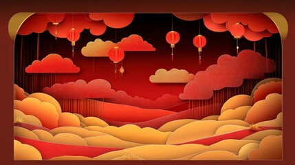Festive lantern background for Lunar New Year celebration with red & gold clouds, use for greetings