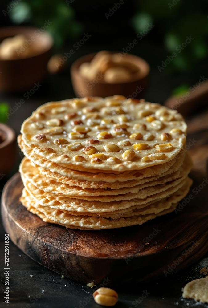 Poster stack of crispy flatbreads with nuts on wooden board surrounded by natural elements and rustic backg