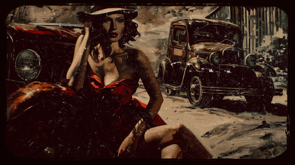 Vintage-inspired woman in red dress poses beside classic cars in an urban setting at dusk with a retro aesthetic.