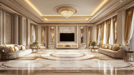 Elegant living room with luxurious decor and ambient lighting.
