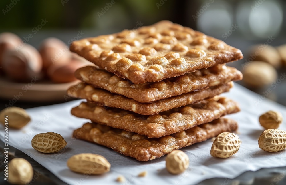 Poster stacked crispy snacks on a white surface with peanuts and background elements in a soft focus, offer