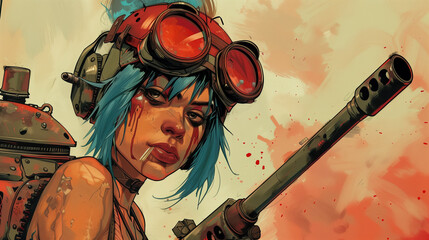 A young female warrior with striking blue hair and protective goggles confronts the viewer, gripping a weapon tightly. The backdrop is chaotic with bright red splashes, suggesting a fierce battle.