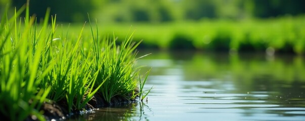 Tall blades of grass rustle in the breeze near a shallow pool, natural scenery, wetlands, serene atmosphere