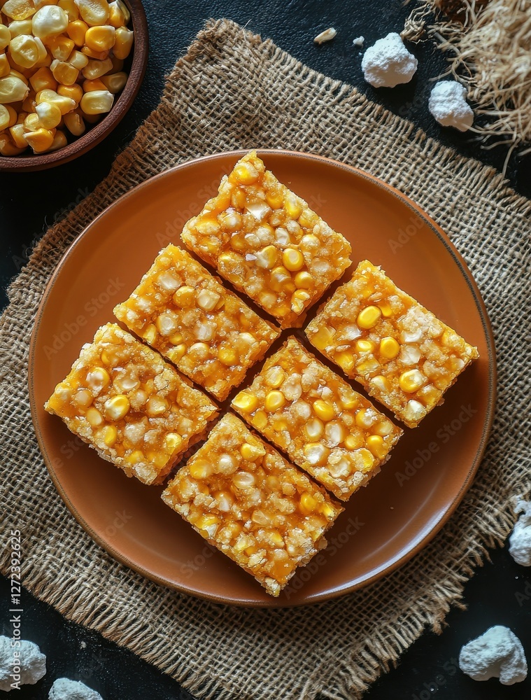 Poster sweet corn dessert squares with crispy texture and vibrant colors displayed on a rustic plate with c