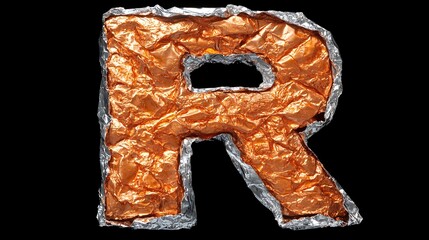 Copper Foil Letter R with Silver Metal Edges on Black Backdrop Detailed Render