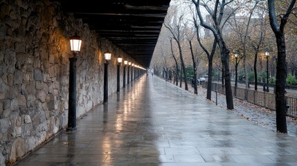 Obraz premium Rain-slicked city walkway under awning