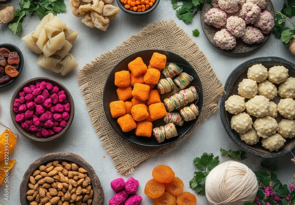 Poster traditional indian sweet treats and colorful snacks displayed on rustic table with various textures 