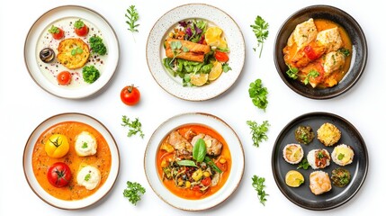 Various plates display a vibrant array of culinary creations, featuring seafood, fresh greens, savory garnishes, and colorful vegetables presented artistically