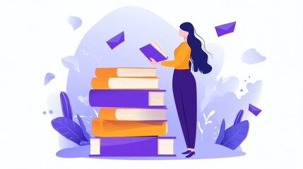 Woman Reading a Book Among a Stack of Books and Envelopes