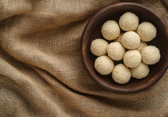 Traditional Indian Sweets Plate with Round Ladoos on Rustic Background, Textured Cloth Surface, Natural Light, Gourmet Dessert Presentation