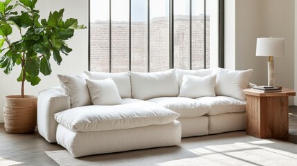 Fototapeta premium Modern Cozy Sofa in Bright Living Room with Natural Light
