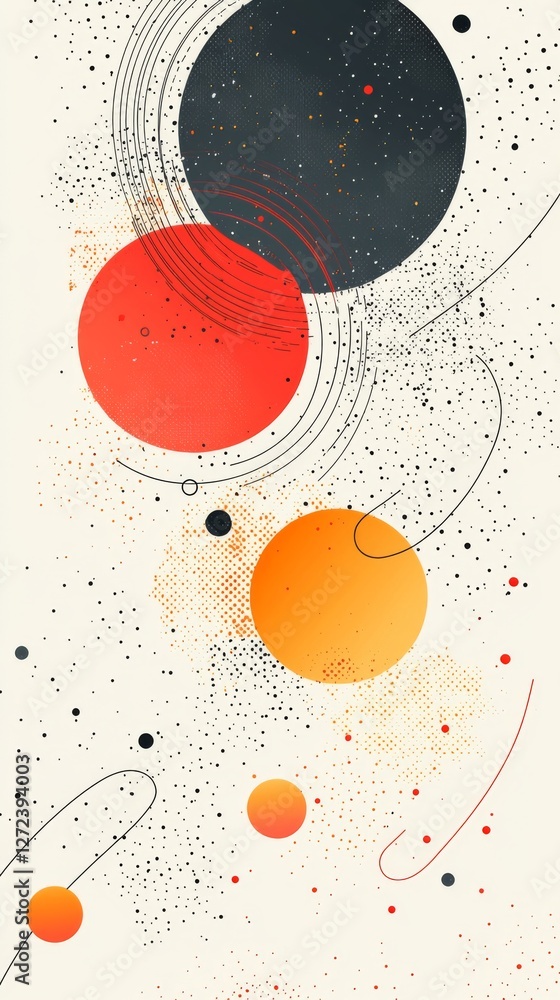 Poster abstract geometric composition of circles with dotted background and lines modern art style