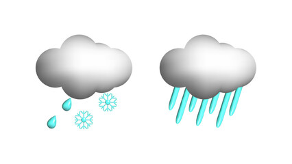 Weather 3d icons realistic isolated vector set. Light snow. sleet heavy downpours. Design weather app web site game logo banner. Meteorology concept.