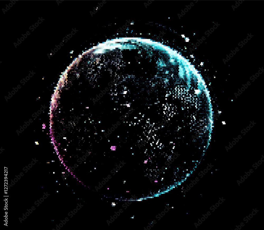 Poster vector illustration depicts a glowing, multicolored sphere composed of dots, set against a dark back