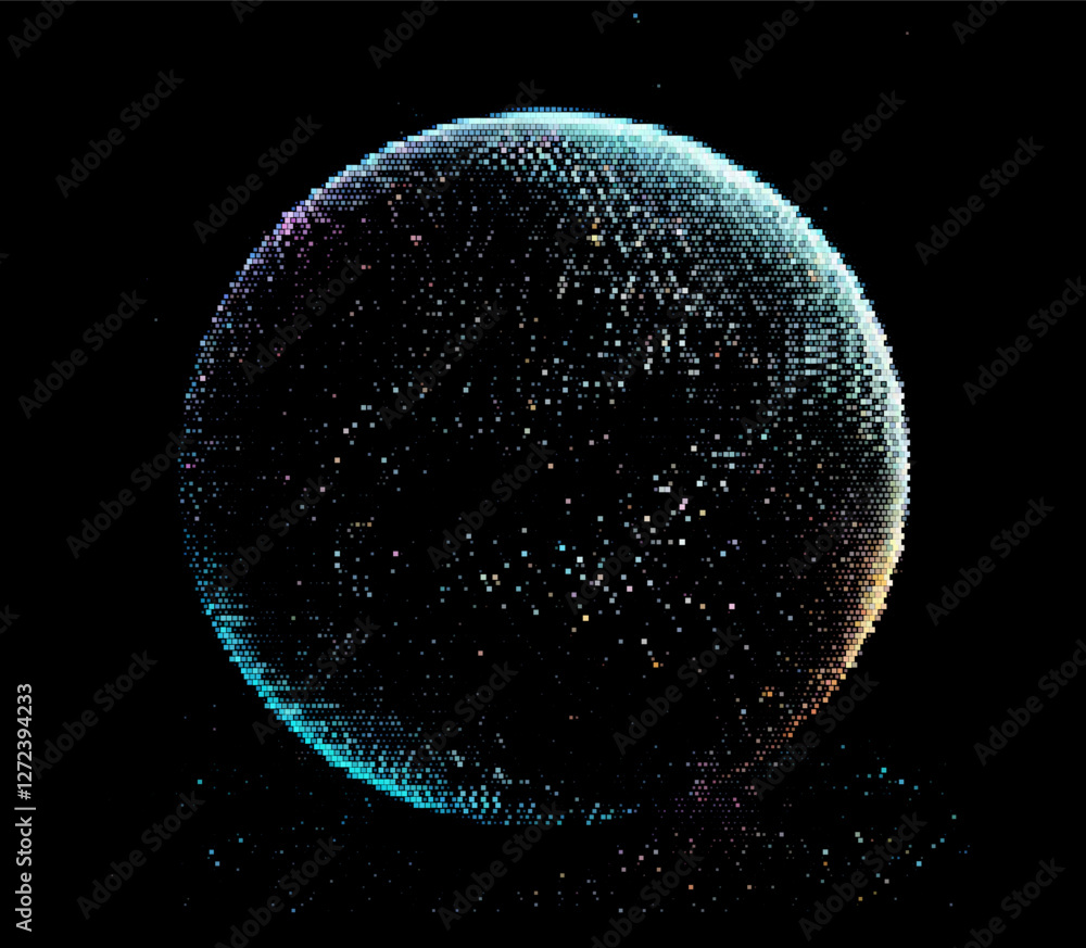 Poster vector illustration depicts a glowing, multicolored sphere composed of dots, set against a dark back