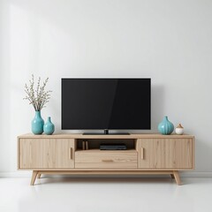 Modern Living Room Interior Design Flat Screen TV on Light Wood Media Console with Teal Vases