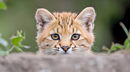 Fototapeta premium Curious bobcat kitten peeks over a dirt mound in a lush green forest during daytime.