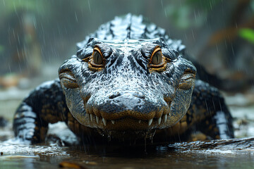 Obraz premium Alligator's Gaze, A Close-Up Encounter in the Rainy Everglades