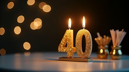 Golden glitter candles shaped as ‘40’ glow warmly in a festive celebration scene with elegant bokeh lights—ideal for birthdays, anniversaries, invitations, and party decorations.