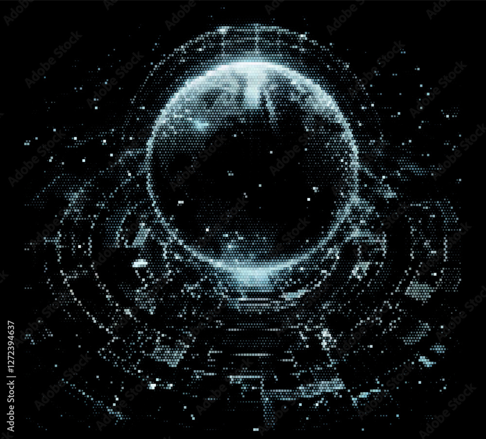 Poster vector illustration depicts a glowing, multicolored sphere composed of dots, set against a dark back