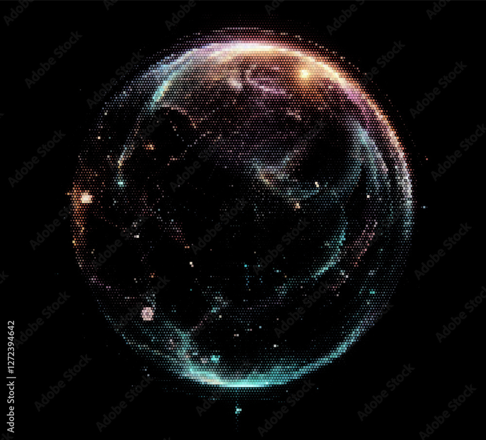 Poster vector illustration depicts a glowing, multicolored sphere composed of dots, set against a dark back