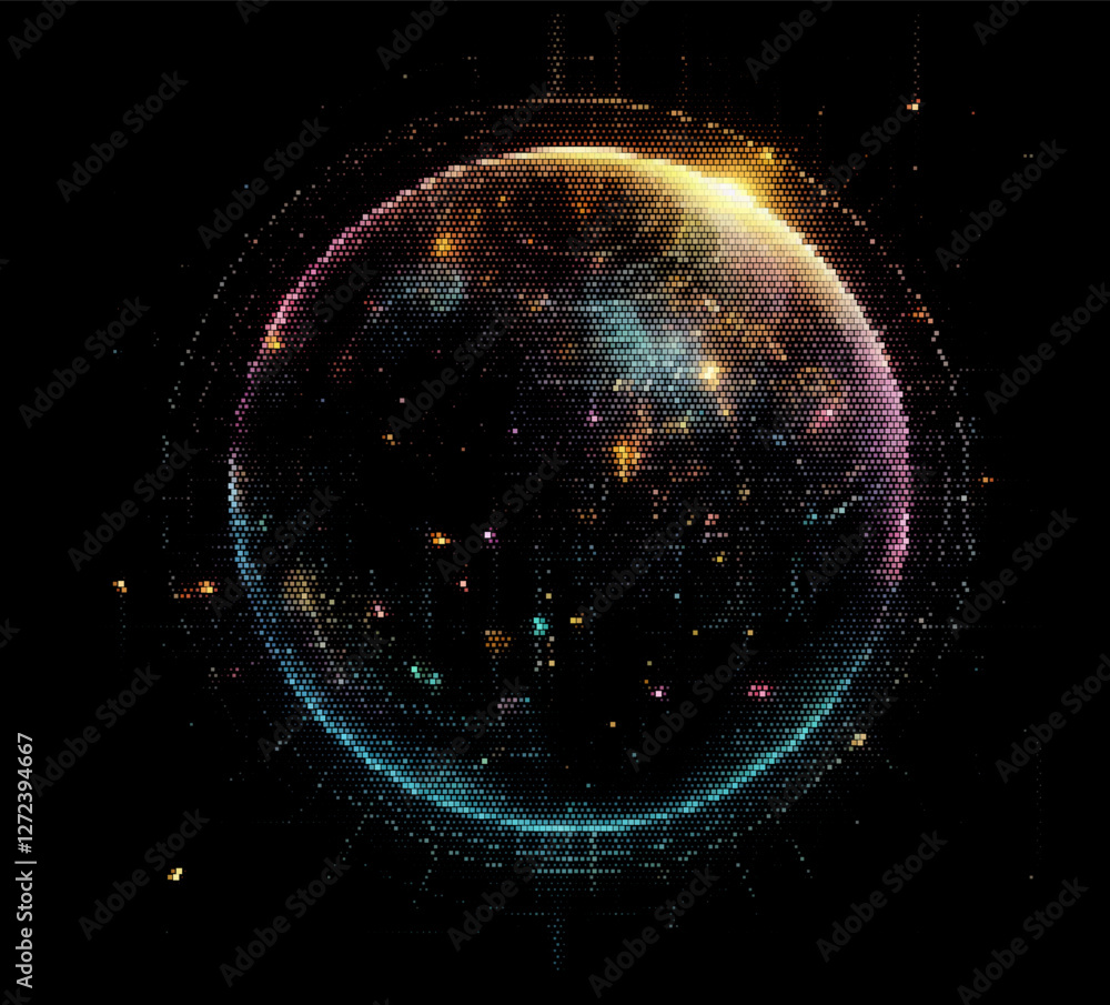 Poster vector illustration depicts a glowing, multicolored sphere composed of dots, set against a dark back