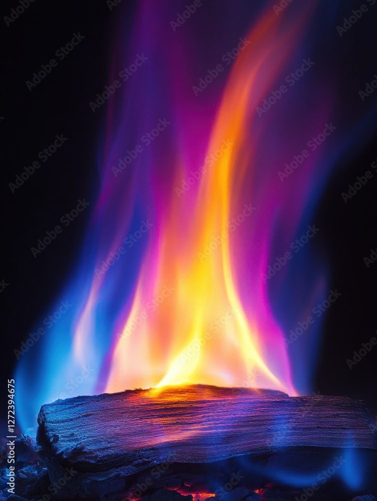 Poster vibrant flames erupting from a log with luminous colors displaying purple, orange, and blue against 