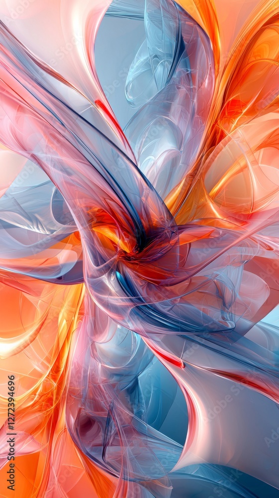 Poster abstract interplay of flowing curves and colors blending light blue orange and red in dynamic compos