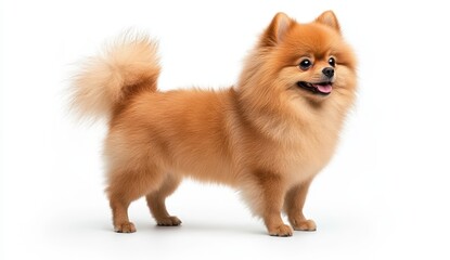 Adorable Fluffy Pomeranian Dog Studio Portrait Against White Background