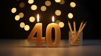 Elegant 40th birthday or anniversary celebration with glowing gold glitter candles, warm bokeh lights, and a festive ambiance—perfect for event invitations, greeting cards, and party decor