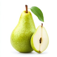 Fresh pears, one cut in half, on a white background. Could be used for nutrition or a healthy diet
