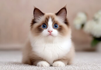 Adorable Ragdoll Kitten with Blue Eyes on Beige Carpet
