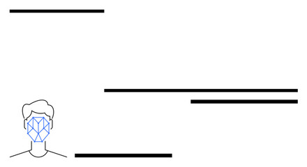 Geometric human face with a grid overlay, surrounded by horizontal data lines. Ideal for technology, AI, biometrics, privacy, security, digital identity, and abstract line flat metaphor