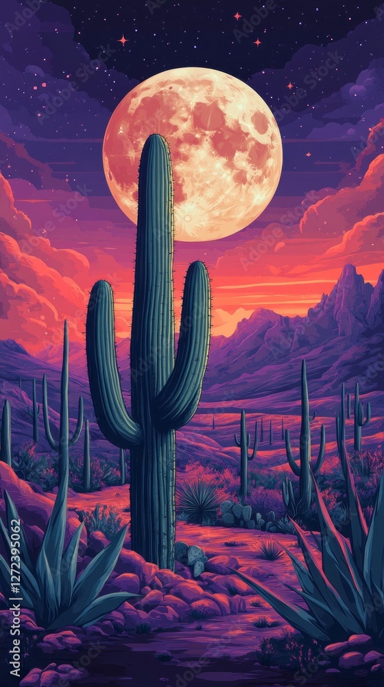 Poster in a surreal desert paradise, a majestic cactus stands tall beneath a glowing full moon. soft clouds