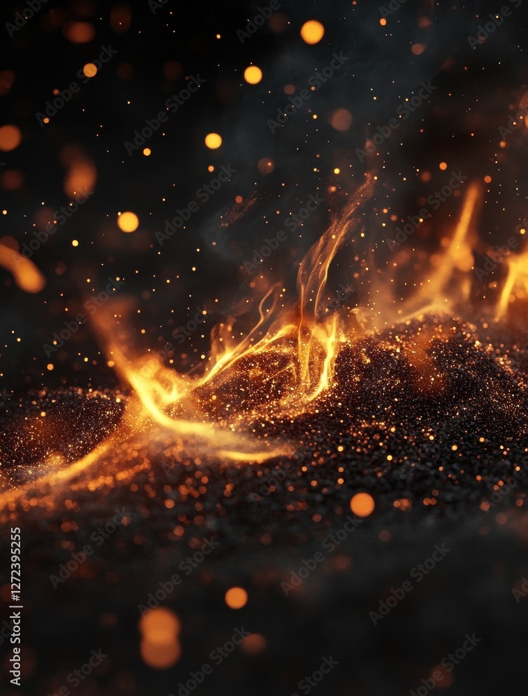 Poster vivid flames and sparkling particles dancing in the dark with a fiery glow and mystical atmosphere f