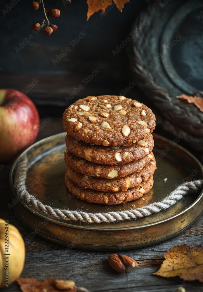 Poster warm autumn setting featuring a stack of nutty cookies on a rustic plate with seasonal fruits and fa