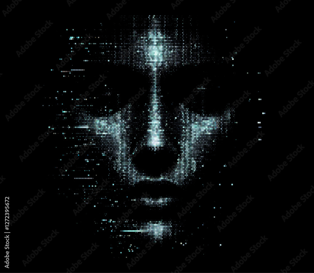 Aufkleber pixelated face emerges from a dark background in this vector illustration. the glitch effect conveys