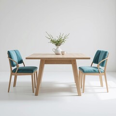 Modern Minimalist Dining Room Light Wood Table and Teal Chairs