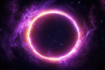 Naklejka premium Neon Ring Light Cosmic Scene Surrounded by Swirling Galaxies with Purple and Vibrant Colors in Abstract Surrealism